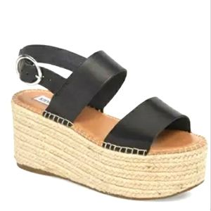 🌱 Steve Madden Leather Platform Espadrille Wedge Sandal Black Sz 5.5.